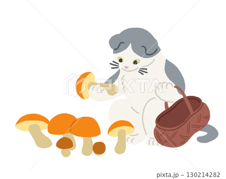 きのこ狩りをする猫のイラスト 130214282
