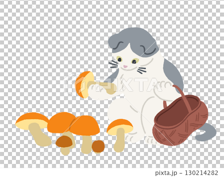 きのこ狩りをする猫のイラスト 130214282