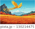 秋の田園風景を飛翔する鳳凰（ほうおう）のイラスト／日本文化・神獣 130214475