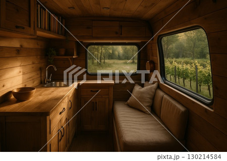 Cozy wooden interior of a camper van with natural light and scenic views of greenery outside 130214584