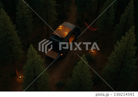Van parked in a serene forest setting with lanterns and a hammock for a cozy outdoor experience 130214591
