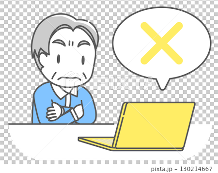 Illustration of a senior man with a stern face looking at a laptop screen 130214667