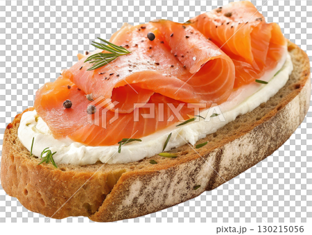 A delicious smoked salmon appetizer on rustic toast with a creamy spread and fresh herbs 130215056