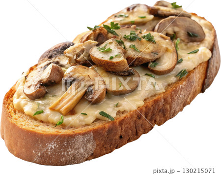 Delicious creamy mushroom and cheese toast garnished with fresh herbs ready to serve as a gourmet 130215071