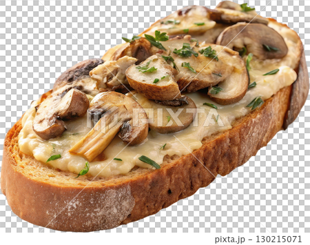Delicious creamy mushroom and cheese toast garnished with fresh herbs ready to serve as a gourmet 130215071