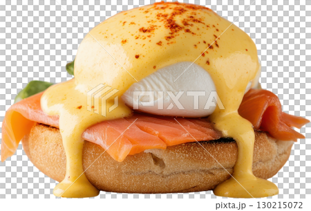 Delicious Eggs Benedict with smoked salmon creamy hollandaise sauce and spicy paprika topping 130215072