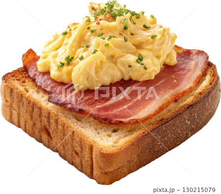 Fluffy scrambled eggs and crispy bacon on golden toast garnished with fresh chives 130215079