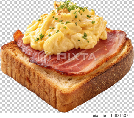 Fluffy scrambled eggs and crispy bacon on golden toast garnished with fresh chives 130215079