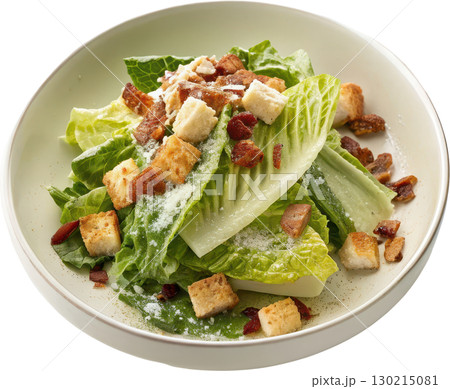 Fresh Caesar salad with crisp romaine lettuce golden croutons savory bacon bits and creamy dressing 130215081