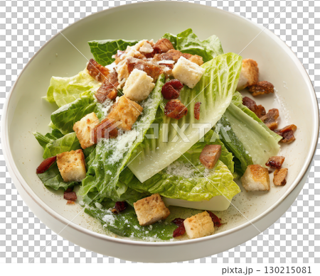 Fresh Caesar salad with crisp romaine lettuce golden croutons savory bacon bits and creamy dressing 130215081