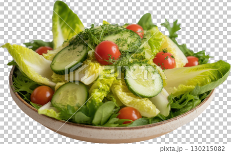 Fresh garden salad with crisp lettuce ripe tomatoes and sliced cucumbers in a rustic bowl 130215082