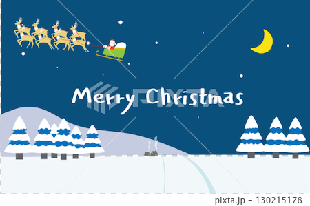 聖誕卡上，聖誕老人在冬夜飛過白雪皚皚的小鎮 130215178