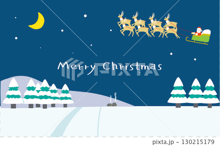Christmas card with Santa Claus flying over a snowy town on a winter night 130215179