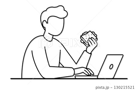 パソコン作業中に食事をする男性、ながら食い パソコン作業中に食事をする男性、ながら食い 130215521