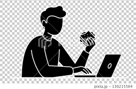 パソコン作業中に食事をする男性、ながら食い パソコン作業中に食事をする男性、ながら食い 130215564