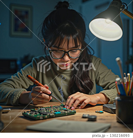 A woman with glasses is focused on soldering an electronic circuit board. She uses a soldering iron under the illumination of a bright desk lamp. 130216093