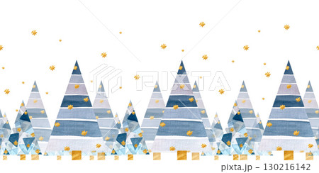 Seamless border with abstract blue Christmas trees and golden snowflakes. Hand-drawn in watercolor. Suitable for design, print, decoration. Seamless border with abstract blue Christmas trees and golden snowflakes. Hand-drawn in watercolor. Suitable for design, print, decoration. 130216142