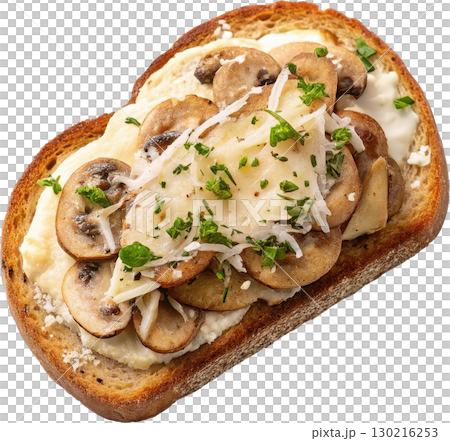 Delicious mushroom toast topped with creamy cheese fresh herbs and toasted artisan bread Delicious mushroom toast topped with creamy cheese fresh herbs and toasted artisan bread 130216253