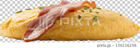Golden fluffy omelette topped with crispy bacon and fresh chives a perfect savory breakfast meal 130216256