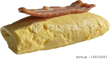 Perfectly cooked rolled omelette topped with crispy bacon a classic breakfast or brunch meal 130216261