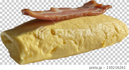 Perfectly cooked rolled omelette topped with crispy bacon a classic breakfast or brunch meal 130216261