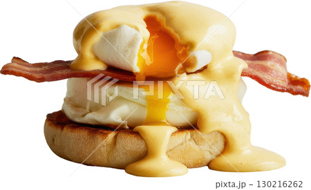 Perfectly prepared Eggs Benedict with a runny poached egg crispy bacon and creamy hollandaise sauce 130216262