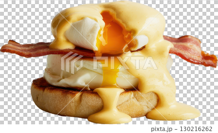 Perfectly prepared Eggs Benedict with a runny poached egg crispy bacon and creamy hollandaise sauce 130216262