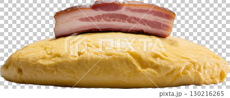 Thick slice of raw cured bacon rests atop a fluffy yellow omelette a hearty breakfast component 130216265