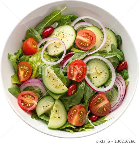 Vibrant garden salad with fresh greens cucumbers tomatoes and red onions in a white bowl 130216266