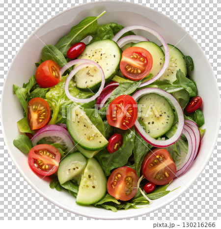 Vibrant garden salad with fresh greens cucumbers tomatoes and red onions in a white bowl 130216266