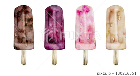 Mix of ice pops on stick in assorted flavors, frozen snack food with dripping water drops. Isolated illustration hand drawn in watercolor. Party decor, ice cream product sheet, dessert cafe flyer. 130216351