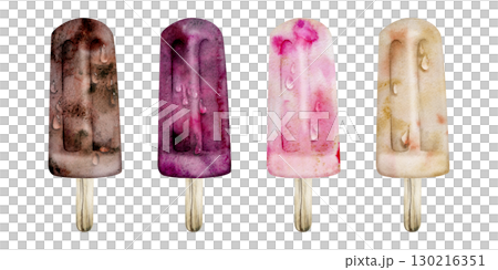 Mix of ice pops on stick in assorted flavors, frozen snack food with dripping water drops. Isolated illustration hand drawn in watercolor. Party decor, ice cream product sheet, dessert cafe flyer. 130216351