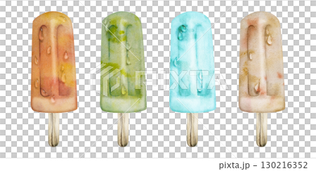 Mix of mold homemade ice pops on stick in assorted flavors, frozen popsicle, refreshing summer snack food with water drops. Isolated illustration hand drawn in watercolor. Product wrap, eco menu art Mix of mold homemade ice pops on stick in assorted flavors, frozen popsicle, refreshing summer snack food with water drops. Isolated illustration hand drawn in watercolor. Product wrap, eco menu art 130216352