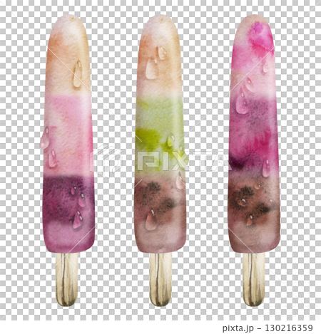 Colorful layered berry fruit popsicle with water drops, ice lolly block, paleta summer frozen treat. Isolated illustration hand drawn in watercolor. Natural dessert branding, street food vendor stand. Colorful layered berry fruit popsicle with water drops, ice lolly block, paleta summer frozen treat. Isolated illustration hand drawn in watercolor. Natural dessert branding, street food vendor stand. 130216359