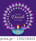 Diwali celebration card with rangoli lamps diyas 130216422