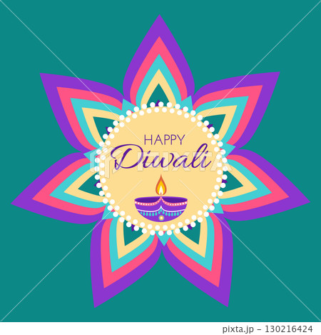 Diwali celebration card with rangoli lamp diya 130216424