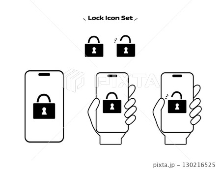 スマホと鍵アイコンのセット｜セキュリティ・ロック・解錠イラスト 130216525