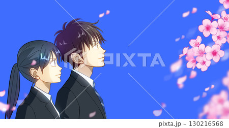 桜と花びら、学生または社会人の男女のアニメ風イラスト、右に余白 130216568
