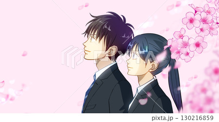 桜と花びら、学生または社会人の男女のアニメ風イラスト、左に余白 130216859