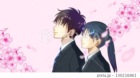 桜と花びら、学生または社会人の男女のアニメ風イラスト、左に余白 桜と花びら、学生または社会人の男女のアニメ風イラスト、左に余白 130216861