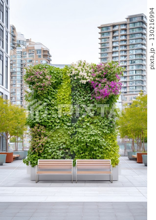 Vertical garden wall enhances urban plaza with vibrant greenery and flowers near contemporary apartments Vertical garden wall enhances urban plaza with vibrant greenery and flowers near contemporary apartments 130216994