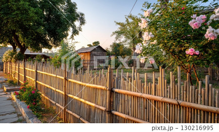 Bamboo fence encircles a tranquil garden with blooming bushes during the golden hour Bamboo fence encircles a tranquil garden with blooming bushes during the golden hour 130216995