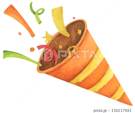 Watercolor Party Popper. Confetti Explosion Celebration Decoration for Birthday, Anniversary, Happy New Year. 130217081