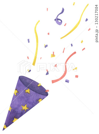 Watercolor Party Popper. Confetti Explosion Celebration Decoration for Birthday, Anniversary, Happy New Year. 130217084