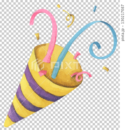 Watercolor Party Popper. Confetti Explosion Celebration Decoration for Birthday, Anniversary, Happy New Year. 130217087