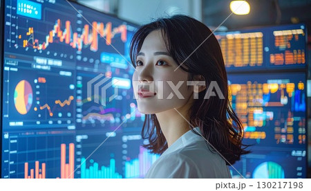 ビジネスシリーズ:ディスプレイに表示されたチャート、グラフの前に立つ女性会社員 ビジネスシリーズ:ディスプレイに表示されたチャート、グラフの前に立つ女性会社員 130217198