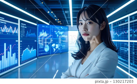 ビジネスシリーズ：ディスプレイに表示されたチャート、グラフの前に立つ女性会社員 130217203