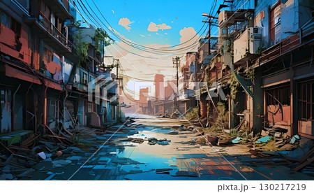 ゲーム背景　人類が滅びたあとの現代都市遺跡となったビル街風景 130217219