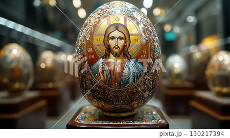 Orthodox Easter egg with Jesus Christ portrait on golden stand, religious artwork 130217394