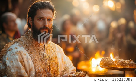 Orthodox priest in ceremonial robe holding bread during traditional ritual, spiritual celebration concept 130217395
